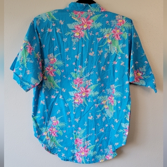 Vintage Hawaiian Floral Top Blue Pink Tropical Button Down 90s 80s - Picture 3 of 5